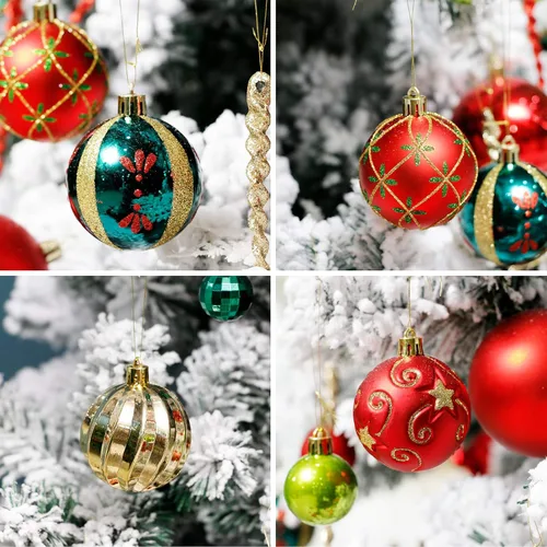 Miniatura 4 de ROSELEAF Adornos para árbol de Navidad irrompibles de 2.36 pulgadas, 30 unidades, bolas colgantes de plástico color rojo, verde y dorado