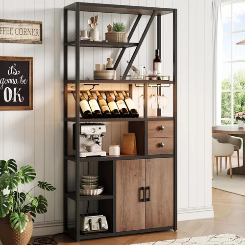 Miniatura 11 de GarveeHome Gabinete de bar de vinos con luces LED, estación alta de barra de café con tomas de corriente y estante de vino, soporte de microondas