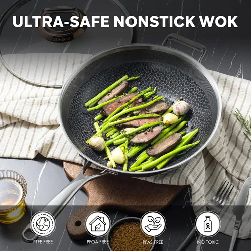 Miniatura 3 de Wok híbrido de 12 pulgadas con tapa, woks antiadherentes de acero inoxidable y sartenes para freír, sartén wok, PFAS PFOA sin PTFE, apto