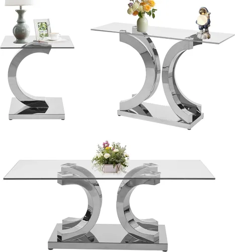 Miniatura 62 de SSLine Mesa auxiliar de cristal de lujo para sala de estar, mesa auxiliar moderna dorada con base de pedestal de acero inoxidable en forma de flor