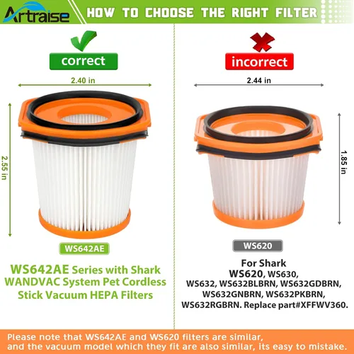 Miniatura 3 de Artraise WS642AE - Filtro de repuesto para Shark WS642AE WS640AE Wandvac Sistema de autovaciado ultraligero y potente aspiradora inalámbrica