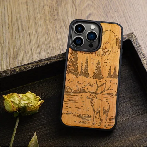 Miniatura 8 de Carveit Funda magnética de madera para iPhone 14 Pro, madera natural y TPU suave negro, funda protectora a prueba de golpes, funda de madera única