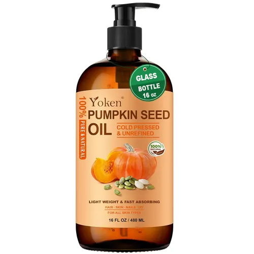 Yoken Aceite de semillas de calabaza para el cuidado del cabello y el cuero cabelludo, botella de vidrio, sin refinar, prensado en frío y sin