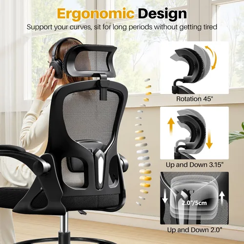 Miniatura 4 de Silla de dibujo, silla de oficina alta para escritorio de pie, respaldo alto ergonómico con reposacabezas, soporte lumbar, anillo para el pie y Negro