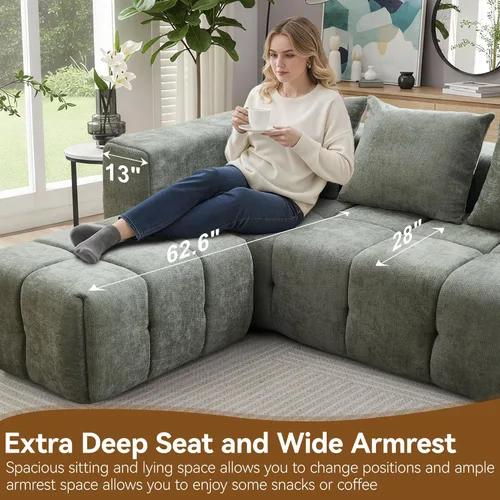 Miniatura 8 de Sofá modular sin hueso de 119 pulgadas para sala de estar, moderno sofá modular copetudo con asiento profundo y otomana móvil, sofá de felpilla