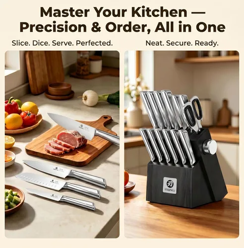 Miniatura 2 de imarku Juego de cuchillos de cocina con bloque y afilador incorporado, juego de 14 piezas de cuchillos de acero inoxidable japonés con cuchillo Negro