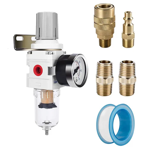 Miniatura 12 de NANPU Filtro Regulador de Aire Comprimido NPT de 3/8" Combo Piggyback, Drenaje Semi-Automático, Elemento de Latón de 5 Micrones, Tazón de Polímero