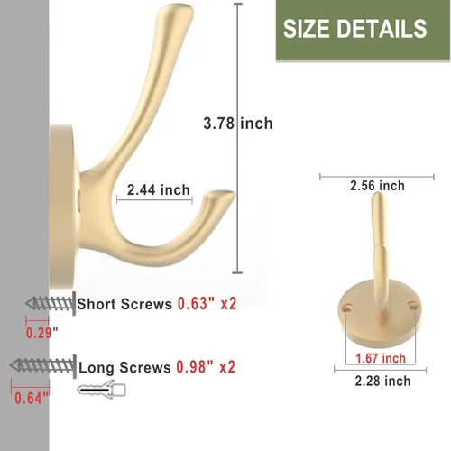 Miniatura 6 de TOFIIGREM Ganchos dorados para pared, paquete de 3 ganchos para toallas, de metal resistente, doble gancho para bata de baño, ganchos