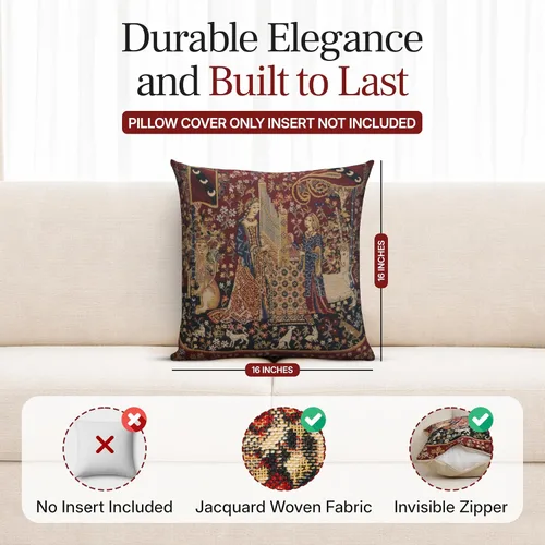 Miniatura 2 de Charlotte Home Furnishings - Funda de almohada para sofá de 16 x 16 pulgadas, funda de almohada decorativa roja Dama y Unicornio, tapiz medieval