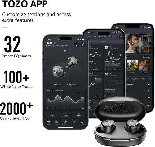 Miniatura 4 de TOZO Auriculares inalámbricos con micrófono integrado, llamadas claras, ergonómicos, ligeros, Bluetooth de 5.3 pulgadas, impermeables, sonido