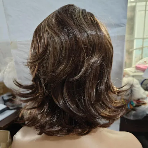 Miniatura 4 de Peluca corta marrón para mujer, rizada y esponjosa, con parte lateral mixta, rubia, en capas, sintética, natural, fiesta de Halloween, disfraz