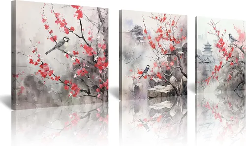Miniatura 47 de Arte de Pared de Acuarela de Estilo Asiático Tradicional Chino Pájaro en Rama de Flor de Cerezo Roja Decoración Paisaje Floral Oriental Pintura