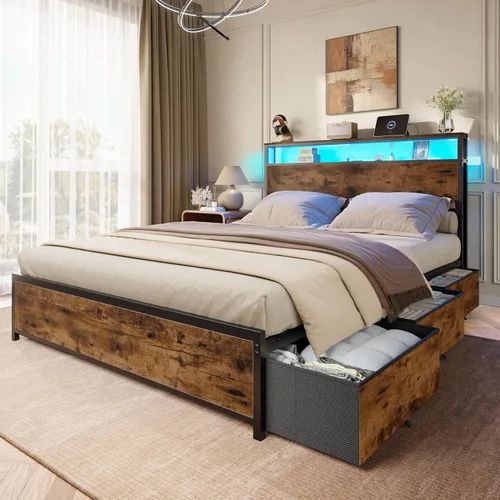 Forestell Base de cama de tamaño matrimonial con cabecera de almacenamiento y 6 cajones, marco de cama resistente con estación de carga, luces LED,