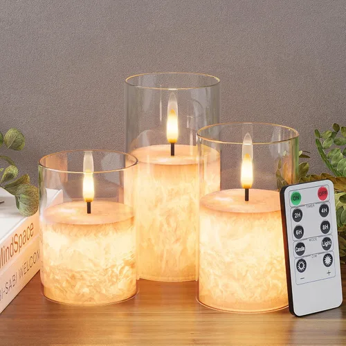 Miniatura 11 de VIODAIM Velas de cera real de cristal de hielo sin llama con control remoto y temporizador, velas operadas por baterías con llama parpadeante Dorado