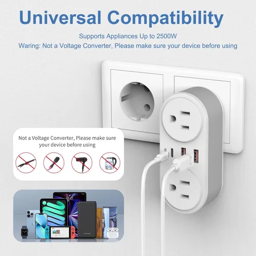 Miniatura 6 de Adaptador de enchufe de viaje europeo para Europa y Reino Unido, cargador rápido PD de 20 W con 2 tomacorrientes, 3 puertos de carga USB, adaptador