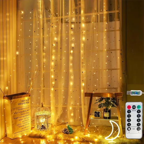 Miniatura 7 de Honche - Tira de luces LED de 300 luces en forma de hadas para cortina, 10 x 10 pies, con control remoto, luces de ventana para dormitorio, boda