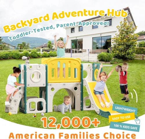 Miniatura 2 de MOCUTEEN Juego de escalador y tobogán 8 en 1 para niños pequeños con aro de baloncesto - Zona de juegos para interiores y exteriores, centro de Verde