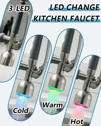 Miniatura 3 de Fapully - Grifo de fregadero de cocina comercial con mango único extraíble con rociador, níquel cepillado, con luz LED