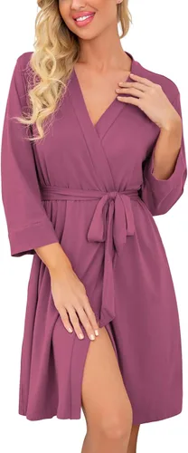 PrinStory Bata tipo kimono para mujer, bata corta y ligera, de punto suave, ropa de dormir de punto casual, bata de baño para mujer