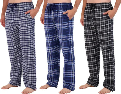Paquete de 3 Pantalones de pijama para hombre Pantalones de franela de algodón de punto Bragueta de botón (disponible en tallas grandes y altas)
