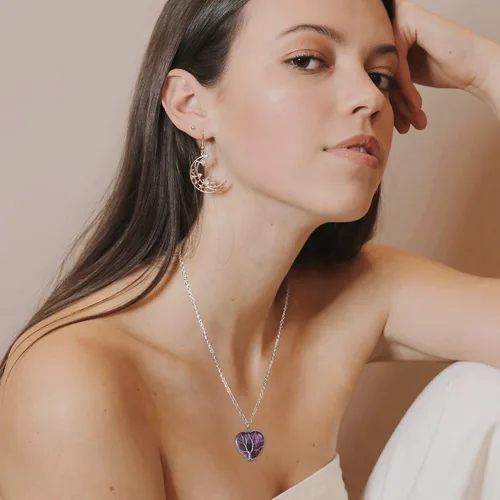 Miniatura 3 de Top Plaza - Collar de cuarzo rosa natural curativo con árbol de la vida envuelto en alambre de plata con forma de corazón colgante para mujeres