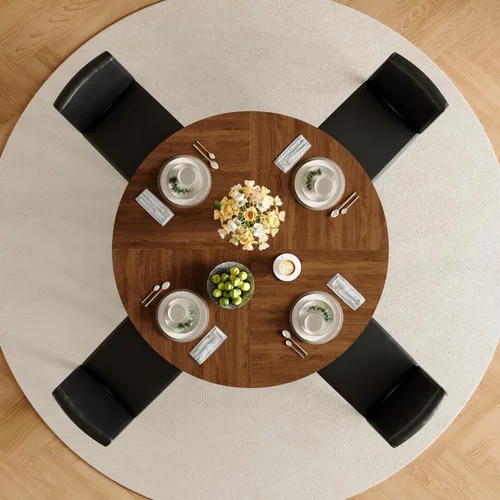 Miniatura 7 de Juego de mesa de comedor redonda de 47 pulgadas para 4, mesa de grano de madera de nogal y 4 sillas tapizadas de piel sintética negra, juego de mesa