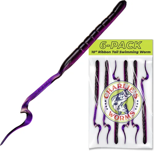 Miniatura 11 de Charlie's Worms Señuelos artificiales de cebo de pesca de 10 pulgadas con cola de cinta, para agua dulce y salada, con bajo suave, perfumado, JW