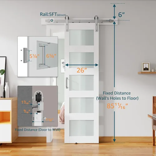 Miniatura 2 de puerta de granero de vidrio de 26'' x 84'' y kit de herrajes de níquel cepillado de 5 pies incluido, losa de puerta de granero blanca MDF con vidrio