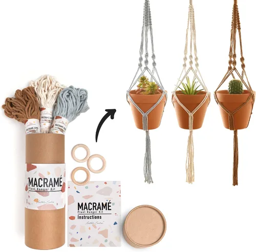 Miniatura 9 de Kit de macramé, hace 3 ganchos para plantas de bricolaje para adolescentes y adultos principiantes, suministros de manualidades para proyecto