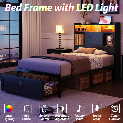 Miniatura 3 de TIGUBFRE Base de cama individual con cabecera de almacenamiento, marco de cama de madera de granja tamaño individual con 3 cajones, luz LED
