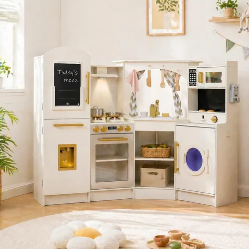 Miniatura 5 de Conjuntos Grandes de Cocina de Madera de Esquina para Jugar con Máquina de Hielo, Dispensador de Agua, Panificadora, Lavadora, Pantalla Electrónica