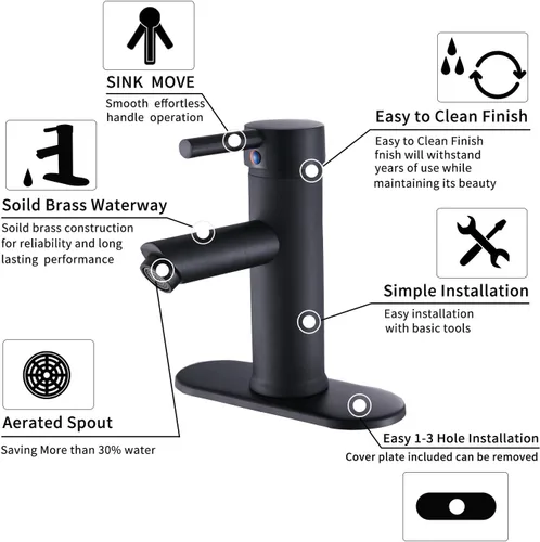 Miniatura 3 de Grifo de lavabo de baño negro con una sola manija 1 agujero a juego con desagüe emergente baño Vantity grifo lavabo negro mate