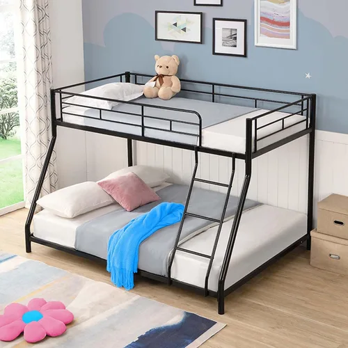 Anwick Literas de tamaño individual sobre matrimonial con escaleras, literas de metal de perfil bajo con riel para niños, adolescentes y adultos,