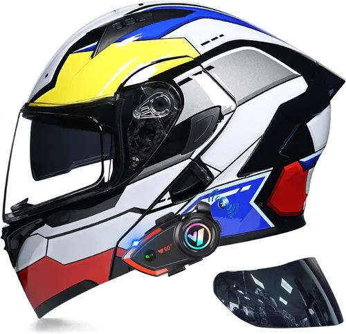 Miniatura 14 de Casco modular Bluetooth de doble visera para motocicleta, casco integrado abatible de cara completa, con Bluetooth impermeable que puede soportar