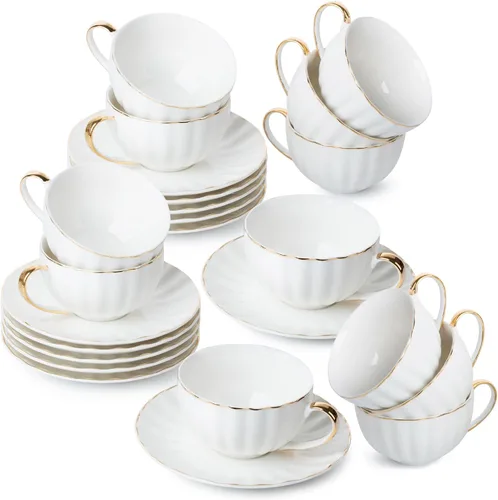 Miniatura 9 de BTaT- Tazas de capuchino con platillos de 7 onzas, juego de 6, diseño de borde dorado Juego de tazas de café de porcelana blanca, apto