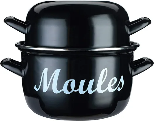 Miniatura 6 de KitchenCraft Maceta de mejillón, World of Flavours, tapa esmaltada de doble uso, mediana de 7.1 in, color negro