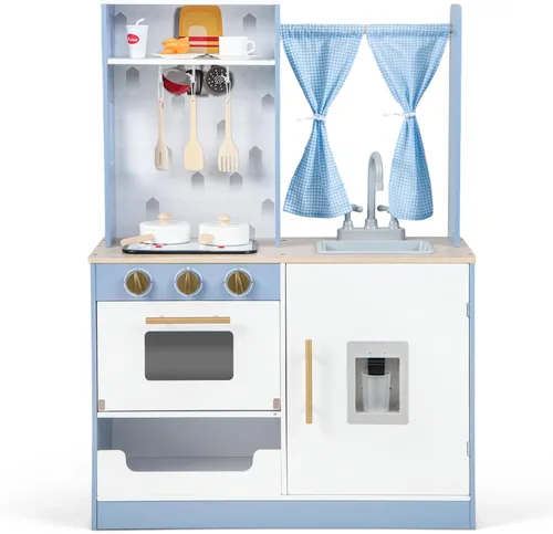 Miniatura 9 de INFANS Juego de cocina para niños, juego de cocina de madera con estufa, fregadero, microondas, armario de almacenamiento, juego de juguetes