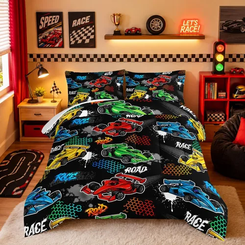 HOSIMA Edredón de Coche de Carreras de Dibujos Animados para Niños para Decoración de Cama de Coche de Carreras, Juego de Ropa de Cama para Niños