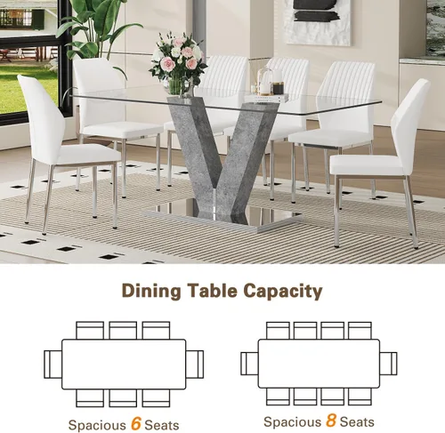 Miniatura 7 de Juego de mesa de comedor de cristal moderno de 71 pulgadas para 6, juego de mesa de comedor de 7 piezas con sillas y mesa de vidrio templado