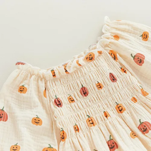 Miniatura 4 de Ropa de Halloween para bebé niña, lindo mameluco de calabaza de algodón y lino de manga larga, overol de otoño