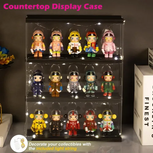 Miniatura 4 de vitrina acrílica de 3 capas, caja de exhibición montada en la pared con puerta, escaparate de minifigura transparente para encimera, para Negro