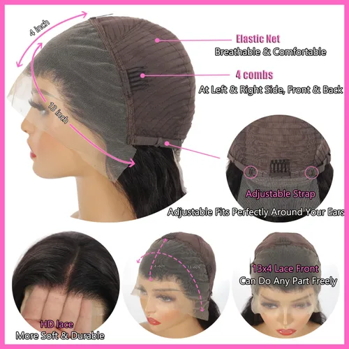 Miniatura 4 de Pelucas de cabello humano virgen brasileño con encaje frontal de 22 pulgadas para mujeres negras, color natural, densidad del 180 %, 13 x 4 HD
