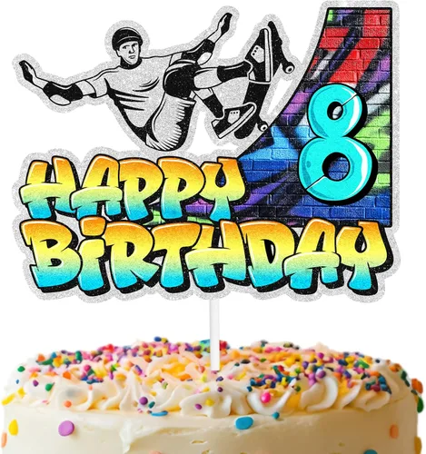Miniatura 10 de Decoración de pastel de patineta retro hip hop, temática musical de décimo cumpleaños, decoración de grafiti feliz para niños y niñas, decoración