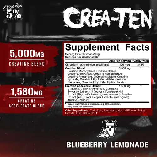 Miniatura 2 de 5% Nutrition CreaTEN Creatine Complex + Accelerators Creatina en polvo saborizada para ganancia muscular Máxima potencia, fuerza, resistencia