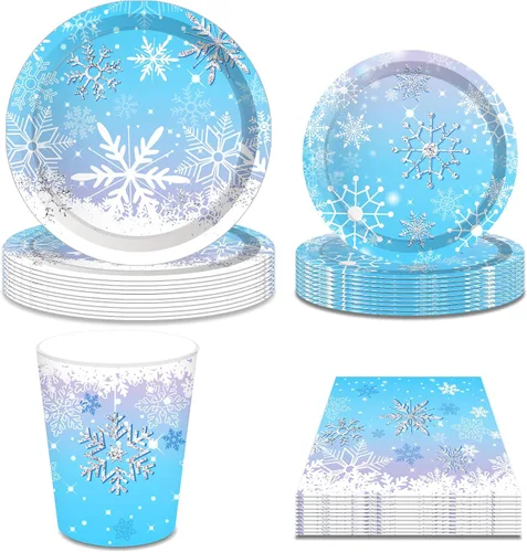 Decoraciones de fiesta de copo de nieve, invierno, Navidad, incluye platos de fiesta de nieve azul, platos de postre, tazas, servilletas (88