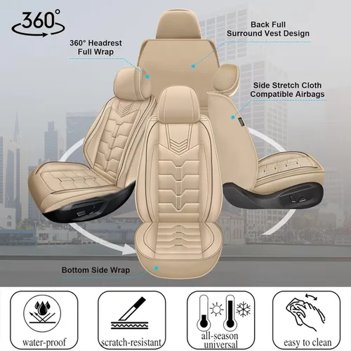 Miniatura 2 de IKABEVEM 2PCS Front Car Seat Covers Fit for GMC Acadia 2017-2026 Faux Leather Seat Cover Waterproof Seat Cushion Protector (Beige)