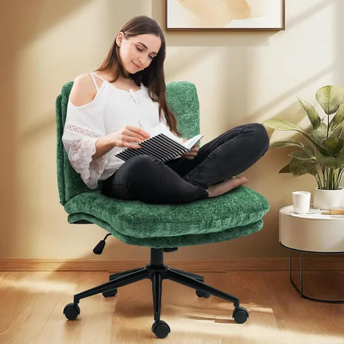 Miniatura 8 de Dowinx Silla Criss Cross con ruedas, cojín engrosado de doble capa, silla de tocador moderna para el hogar de tela premium con asiento ancho, beige
