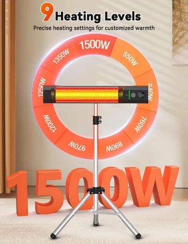 Miniatura 2 de calentadores de 1500 W para exteriores de patio con 9 niveles de calefacción, impermeable IP65, temporizador de 9H, calentadores de patio eléctricos