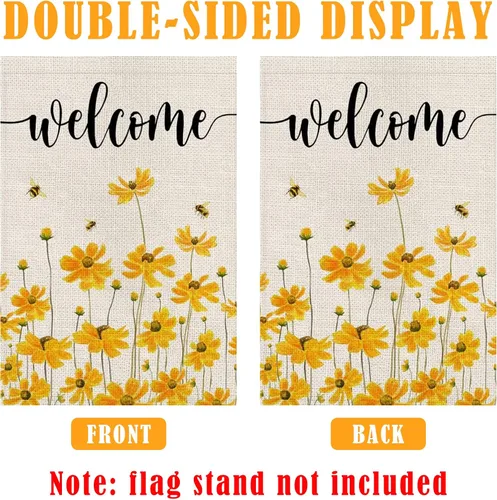 Miniatura 3 de Bandera de jardín de bienvenida floral de primavera y verano con luces LED, 12 x 18 pulgadas, doble cara, vertical, arpillera, girasol, abeja