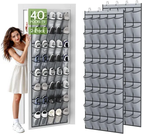 Miniatura 15 de Organizador de zapatos colgante sobre la puerta con 40 bolsillos grandes de malla transpirable, soporte de zapatos que ahorra espacio, estante
